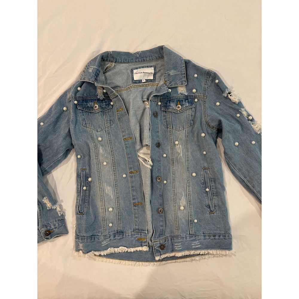 The Style Between Us Pearl Embellished Distressed Denim Jacket Blue Womens L